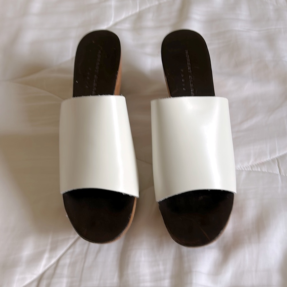 Robert Clergerie Paris white leather, 4 inch wooden sole sandals